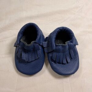 Navy Blue Genuine Leather Baby Moccasins Soft Sole Fringe Crib Shoes 2.5